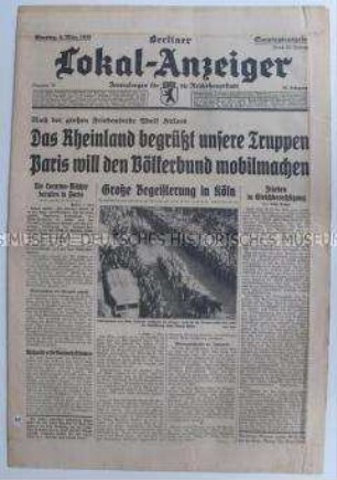 Tageszeitung "Berliner Lokal-Anzeiger" zum Einmarsch der Wehrmacht in das entmilitarisierte Rheinland