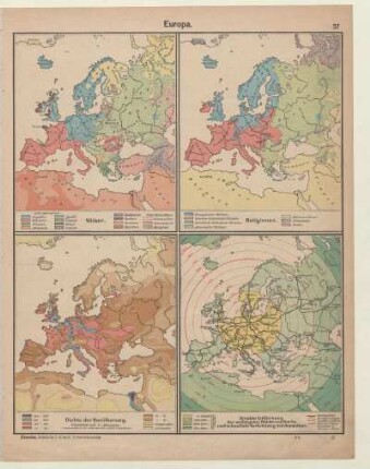 Europa, Völker, Religionen, Dichte der Bevölkerung, Direkte Entfernung der wichtigsten Städte von Berlin und schnellste Verbindung mit denselben