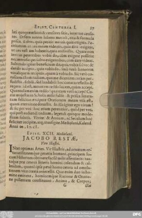 Epist. XCII. Mediolani. Iacobo Restae, Viro Illustri.