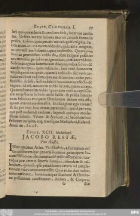 Epist. XCII. Mediolani. Iacobo Restae, Viro Illustri.