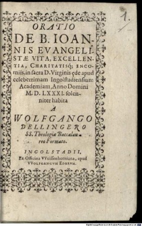 Oratio De B. Ioannis Evangelistae Vita, Excellentia, Charitatisq[ue] Encomiis