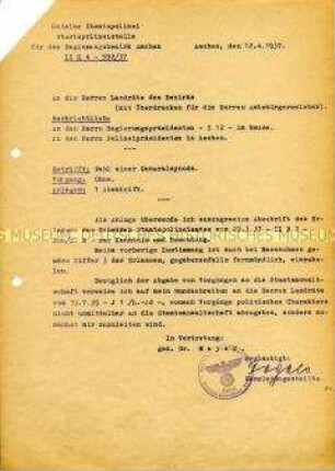 Innerbehördliches Schreiben der Gestapo Aachen an die Landräte des Bezirkes zur Übersendung des Erlasses über die Wahl einer Generalsynode