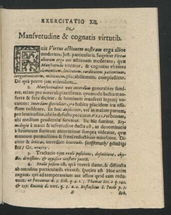 Exercitatio XII. De Mansuetudine & cognatis virtutib.