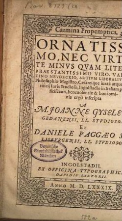 Carmina propemptica, Valentino Neudeckio Ingolstadio in Italiam proficiscenti ... boni ominis ergo inscripta