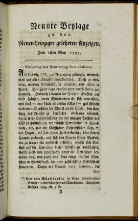 Neunte Beylage zu den Neuen Leipziger gelehrten Anzeigen. Zum 1sten May 1793.