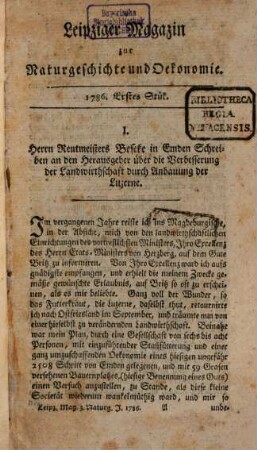 Leipziger Magazin zur Naturkunde und Oekonomie. 1786