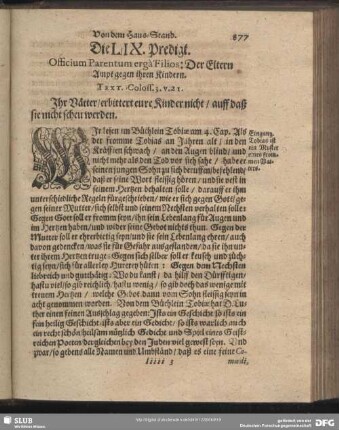 Die LIX. Predigt. Officium Parentum erga Filios: Der Eltern Ampt gegen ihren Kindern