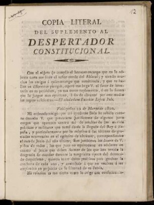 Copia Literal Del Suplemento Al Despertador Constitucional