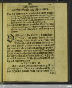 Folget die gemeine Kirchen-Beicht und Absolution