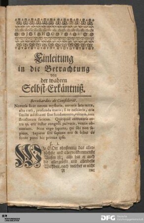 Einleitung in die Betrachtung von der wahren Selbst-Erkäntniß.