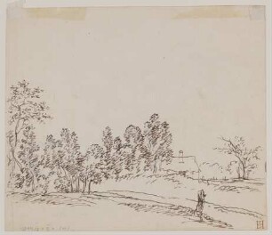 Landschaft mit Feldweg, Bäumen und einem Haus