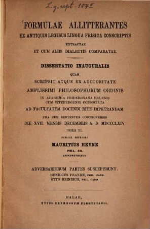 Formulae allitterantes : ex antiquis legibus lingua Frisica conscriptis extractae et cum aliis dialectis comparatae