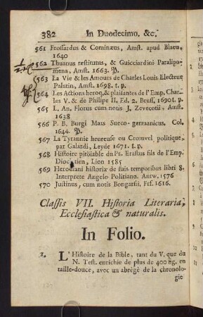 382-402, Classis VII. Historia. Literaria, Ecclesiastica & naturalis