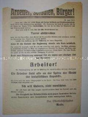 Flugblatt des Oberbefehlshabers der Armee mit der Ankündigung des Einzuges von 3000 Soldaten in Berlin zur Unterstützung der Regierung