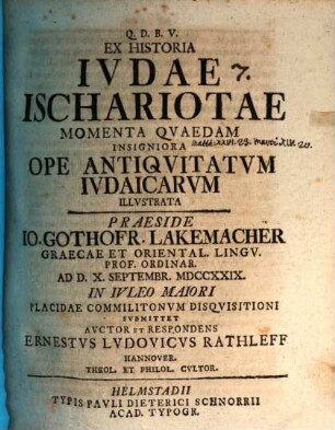 Ex historia Judae Ischariotae momenta quaedam insigniora ope antiquitatum iud. illustrata