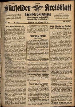 Erste Ausgabe vom Mittwoch, den 01. August 1934.