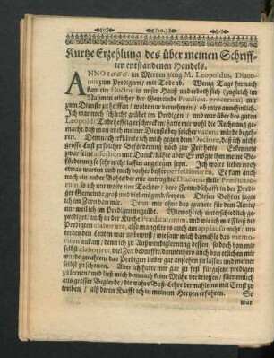 Kurtze Erzehlung des über meinen Schrifftten entstandenen Handels.