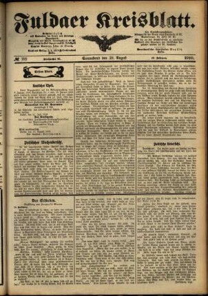 Erste Ausgabe vom Samstag, den 20. August 1910.