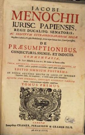Iacobi Menochii ... De Praesumptionibus, Coniecturis, Signis, Et Indiciis, Commentaria : In Sex distincta Libros, & recèns in lucem edita, 1