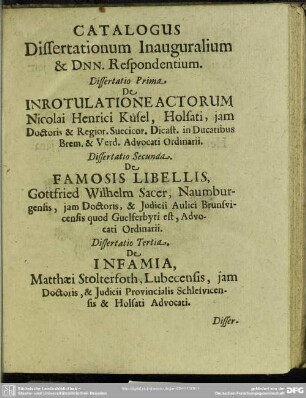 Catalogus Dissertationum Inauguralium & Dnn. Respondentium