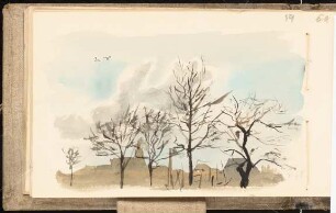 Skizzenbuch mit Aquarellen und Zeichnungen: Winterliche Landschaft mit kahlen Bäumen und Stadtsilhouette