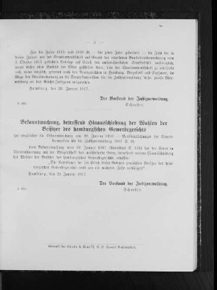 Bekanntmachung, betreffend Hinausschiebung der Wahlen der Beisitzer des hamburgischen Gewerbegerichts