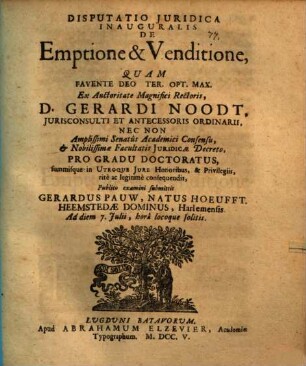 Disp. iur. inaug. de emptione & venditione