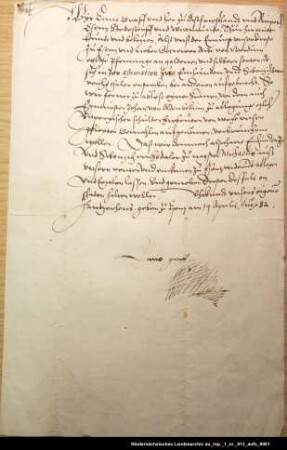 Graf Enno von Ostfriesland und Rietberg verspricht, dem Aibo von Werdum 170 Reichstaler, die dieser ihm vorgestreckt hat, zurückzuzahlen Ausstellungsort: Esens Unterschrift