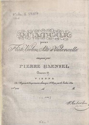 Quatuor pour flûte, violon, alto et violoncelle : oeuv. 17