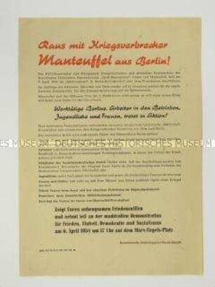 Propagandaflugblatt der SED gegen einen Auftritt des ehemaligen Wehrmachtsgenerals Manteuffel in Berlin (West)