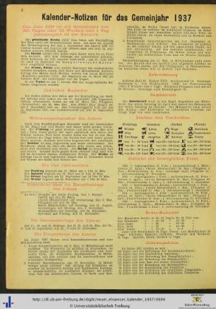 Kalender-Notizen für das Gemeinjahr 1937.