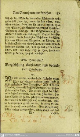 XVI. Hauptstück. Vergleichung christlicher und vornehmer Erziehung