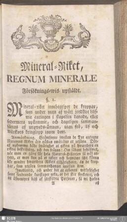Mineral-Riket, Regnum Minerale Försöknings-wis upstäldt