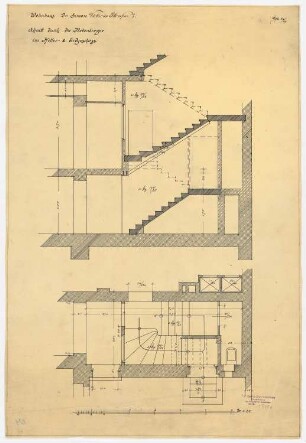 Wohnhaus Dr. Eduard Simon, Berlin: Nebentreppe in Grundriss und Schnitt UG und EG 1:25