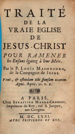 Traité de la vraie Eglise de Jesu Christ