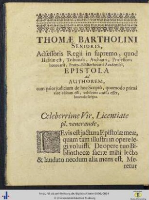Th. Bartholinus: Epistola ad authorem.