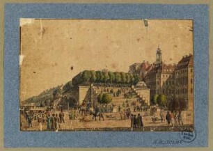 Blick auf die Treppe der Brühlschen Terrasse, mit dem Fürstenbergschen Haus (Finanzhaus) und dem Palais Brühl, Radierung um 1820 : Ansicht der neuen Treppe am Brühlschen Garten zu Dresden / bei C. F. Sprinck. - [Dresden] , [ca. 1820]. - 1 Kunstblatt : kolorierte Radierung ; 12,6 x 8,1 cm