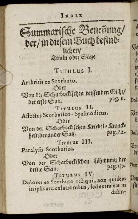 Summarische Benennung/ der/ in diesem Buch befindlichen/ Tituln oder Sätze