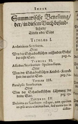 Summarische Benennung/ der/ in diesem Buch befindlichen/ Tituln oder Sätze