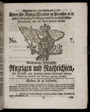 No. 7. Montags, den 16ten Februarii, 1756.