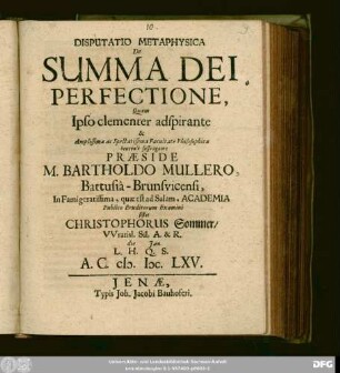 Disputatio Metaphysica De Summa Dei Perfectione