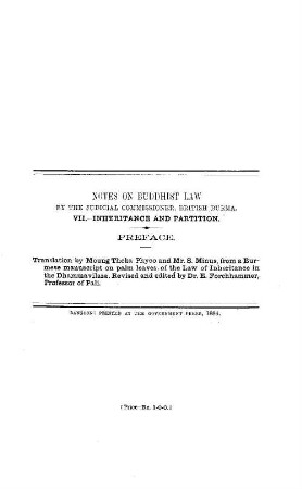 Notes on Buddhist law by the Judicial Commissioner, British Burma. 7, Inheritance and partition