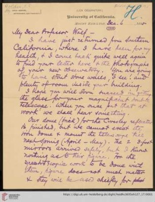 Brief von Edward Singleton Holden an Max Wolf: Brief von Edward Singleton Holden von Lick Observatory an Max Wolf
