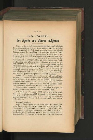 La Cause des Agents des affaires indigènes.