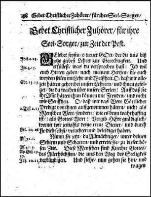 Gebet Christlicher Zuhörer/ für ihre Seel-Sorger/ zur Zeit der Pest.