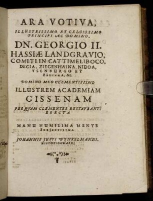 Ara Votiva, Illustrissimo ... Dn. Georgio II. Hassiae Landgravio ...