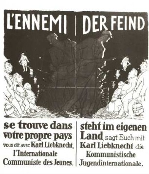 Flugblatt der Kommunistischen Jugendinternationale anläßlich des Ruhrkampfes 1923. Textdruck mit Zeichnung