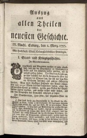 IX. Nachl. Coburg, den 2. Merz, 1757.