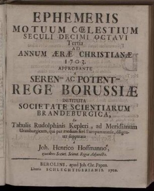 3: Ephemeris motuum coelestium seculi decimi octavi Tertia ad annum aerae christianiae 1703.