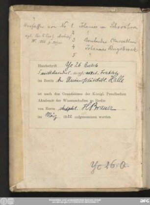 [Vorsatz: Bibliothekarische Notizen]